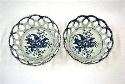 Lot 10 - A Pair of First Period Worcester Porcelain Circular Baskets, circa 1770, printed in underglaze blue