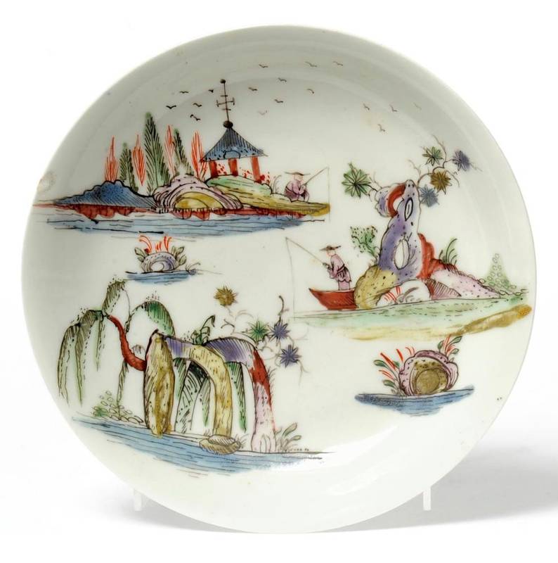 Lot 16 - A First Period Worcester Porcelain Saucer, circa 1753-4, painted in colours with a chinoiserie...