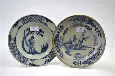 Lot 36 - A Bristol Delft Plate, Temple Back, circa 1760, painted in blue with a chinoiserie lady holding...