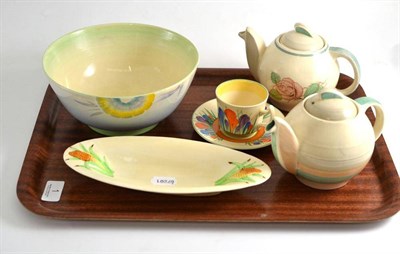 Lot 1 - Clarice Cliff bowl, Clarice Cliff crocus cup and saucer, two Susie Cooper teapots and Clarice Cliff