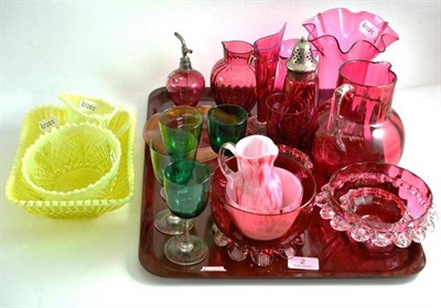 Lot 2 - Tray of Victorian cranberry glass and three pieces of yellow vaseline glass