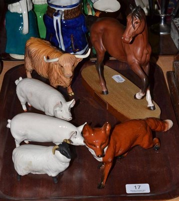 Lot 17 - Six Beswick animals including a bull, Spirit of the Wind horse, fox, two pigs and a sheep (6)