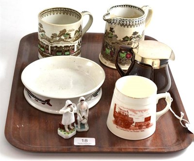 Lot 18 - A 19th century char dish, railway mug and similar jug, brown glaze Lovatt jug with plated mount...