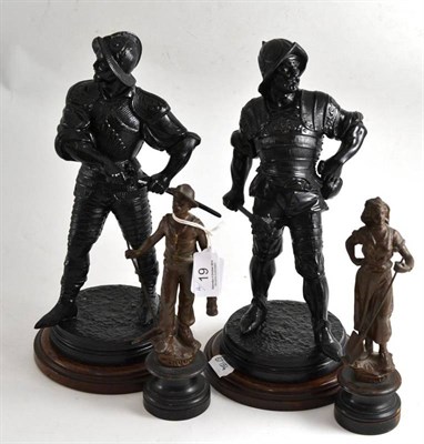Lot 19 - Pair of spelter cavalier figures and a pair of French spelter figures