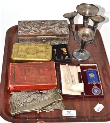 Lot 20 - Silver posy vase, PRIMO silver medal, collar studs, Christmas 1914 tins etc