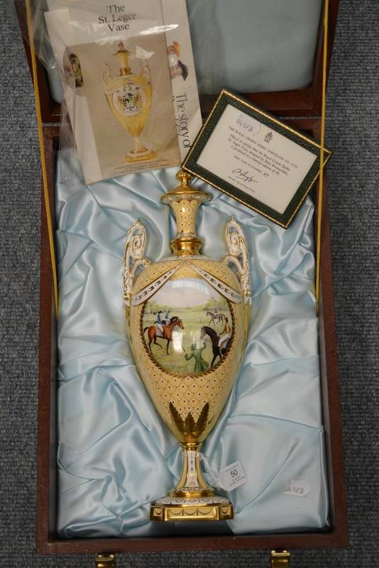 Lot 50 - A Royal Crown Derby Porcelain St Leger Vase, 1976, designed by June Branscombe, of urn form,...