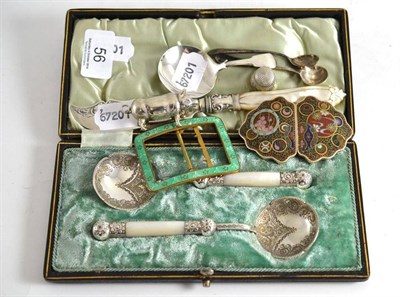 Lot 56 - Silver pig vesta, cased plated fruit spoons, silver caddy spoon, silver bladed knife, silver...