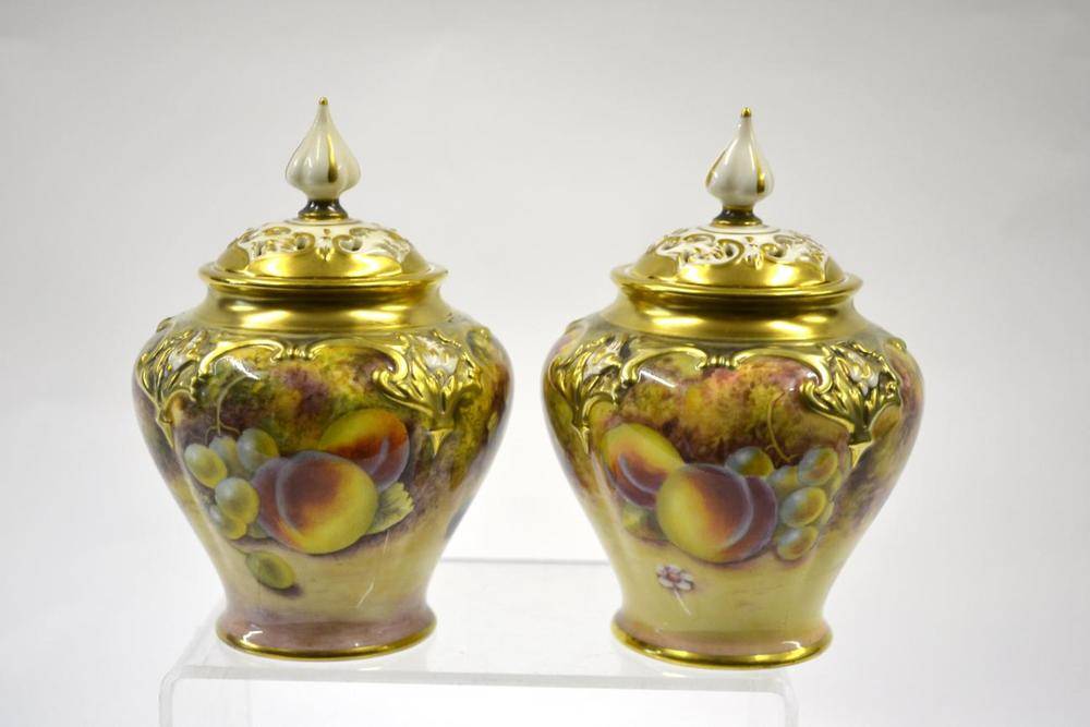 Lot 55 - A Pair of Royal Worcester Porcelain Pot Pourri Vases and Covers, painted by P Stanley and H Morris
