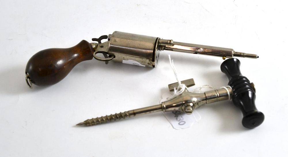 Lot 84 - A champagne tap, a Victorian dip pen and pencil as a revolver