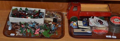 Lot 95 - Assorted painted lead figures, costume jewellery, toys etc (two trays)