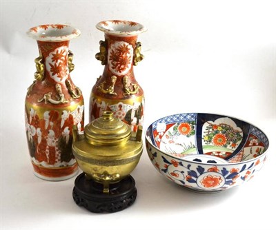Lot 104 - Two late 19th century Japanese vases, a late 19th century Imari decorated bowl and a late 19th...