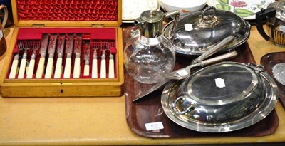 Lot 107 - James Dixon & Co decanter, two plated entree dishes, oak cased plated tea knives (one missing) etc