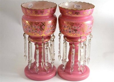 Lot 124 - A pair of Victorian pink glass lustres with glass drops and painted decoration