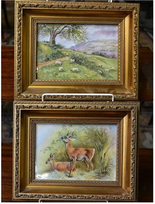 Lot 60 - A Pair of Royal Worcester Porcelain Plaques, painted by Terrence Nutt, 20th century, one with sheep