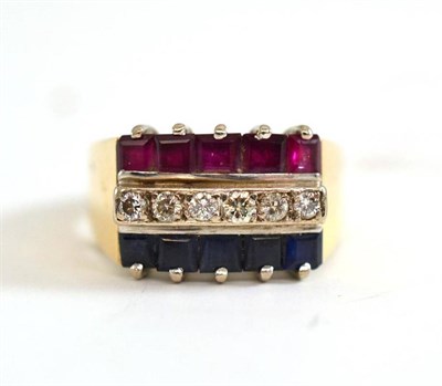Lot 135 - A diamond, ruby and sapphire ring, stamped '585' and '14K'