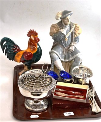Lot 146 - A Lladro figure of Henry VIII, a Beswick cock and a small quantity of electroplate