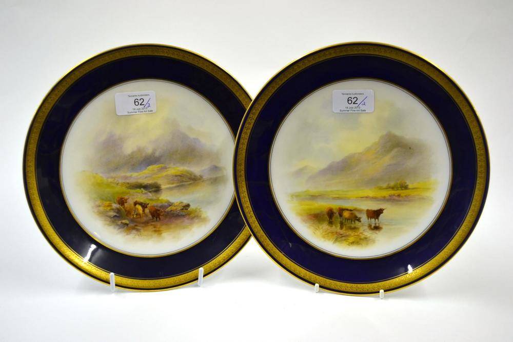 Lot 62 - A Pair of Royal Worcester Porcelain Plates, 1919, painted by John Stinton with highland cattle in a
