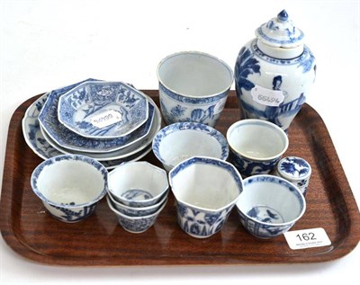 Lot 162 - A Chinese blue and white baluster vase, nine tea bowls, four saucers and a small jar
