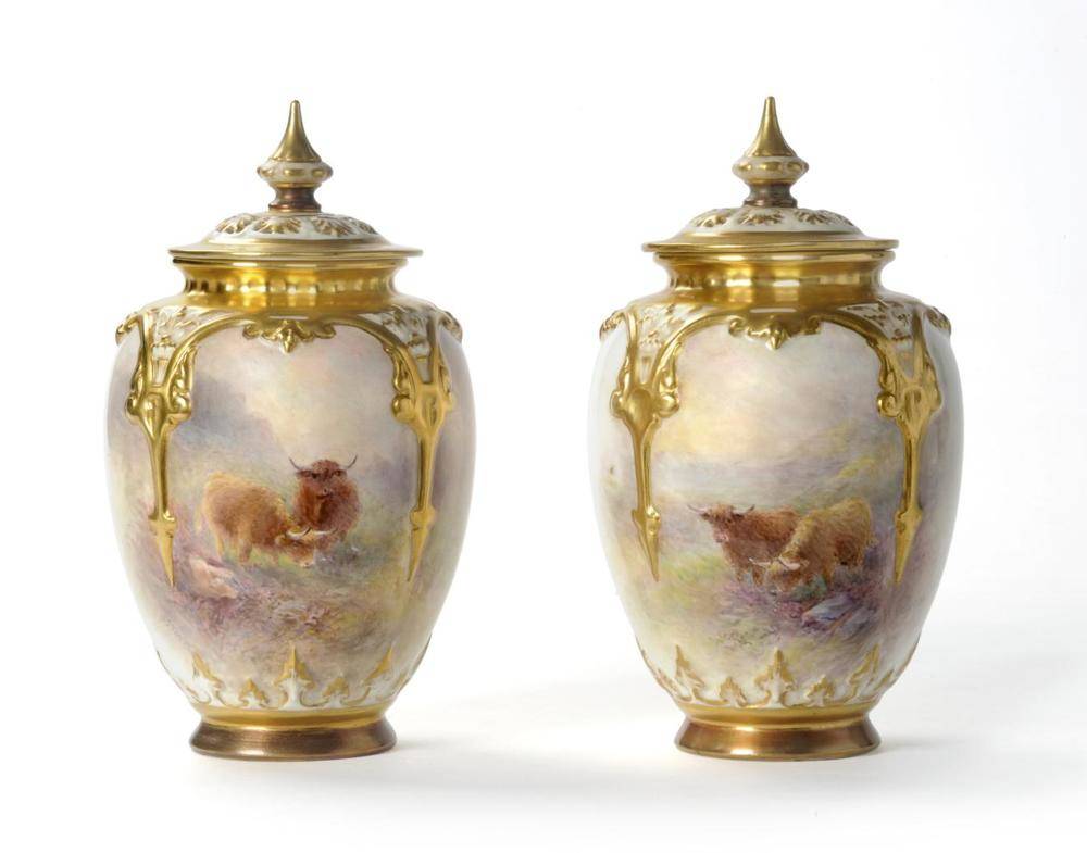 Lot 65 - A Pair of Royal Worcester Porcelain Vases and Covers, painted by Harry Stinton, 1952, the...