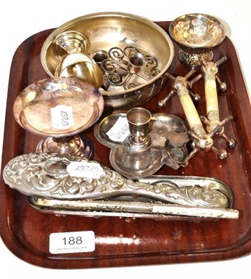 Lot 188 - A collection of silver and white metal including three candle holders, two pedestal bowls etc