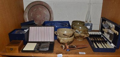 Lot 212 - A Waterford Crystal bowl and mantel clock, six Studio pottery soup bowls, silver bladed knives,...