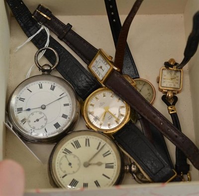 Lot 216 - Two lady's 9ct gold wristwatches, three other wristwatches, silver pocket watch and a pocket...
