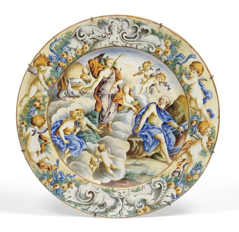 Lot 69 - An Italian Maiolica Charger, in 18th century Castelli style, painted with an allegorical scene...