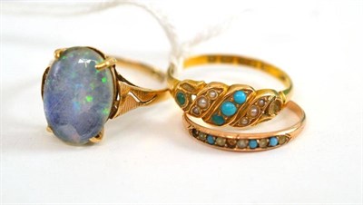 Lot 226 - An opal ring and two turquoise and seed pearl dress rings (a.f.) (3)