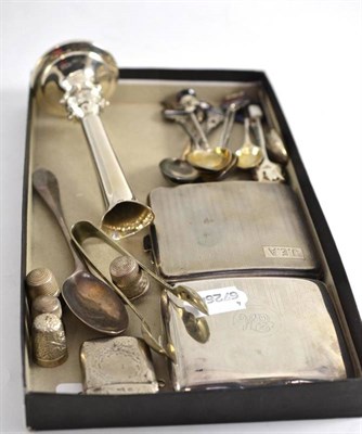 Lot 247 - Two silver cigarette cases, four silver thimbles, silver vesta, silver bud vase, silver...