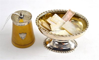 Lot 248 - A George III silver salt, London 1776; a silver mounted horn mustard pot, Birmingham 1924; and...