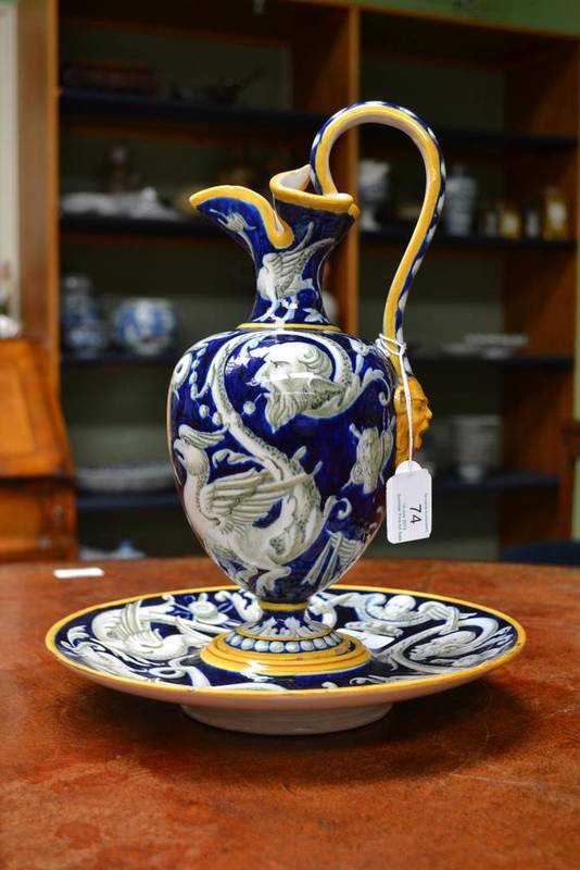 Lot 74 - A Ginori (Italy) Faience Ewer and Circular Stand, mid-19th century, of baluster form with...