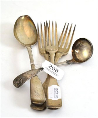 Lot 268 - Three Irish silver table forks, York silver tablespoons and a silver toddy ladle
