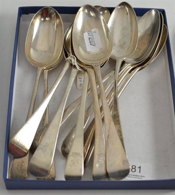 Lot 281 - Twelve assorted George III and later silver old English pattern tablespoons, many with...