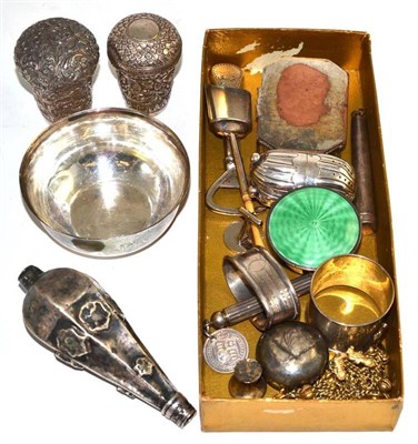 Lot 285 - A collection of silver and silver plate including two cane handles, a needle case, pepperette,...