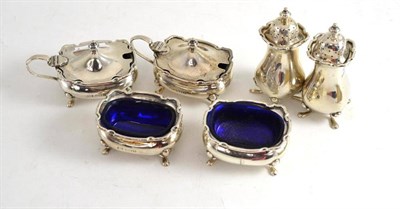 Lot 286 - A silver three piece condiment and another, Birmingham hallmark