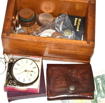 Lot 291 - A silver pocket watch, silver chain and medal and a quantity of coins