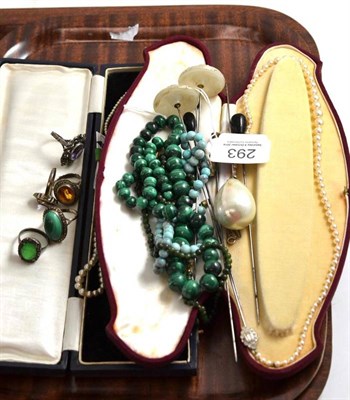 Lot 293 - Malachite beads, dress rings, simulated pearls, hat pins, etc