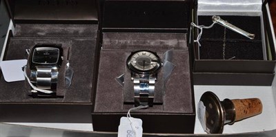 Lot 295 - Two Gucci watches in cases, Mappin and Webb silver tie pin in box, silver wine stopper by...