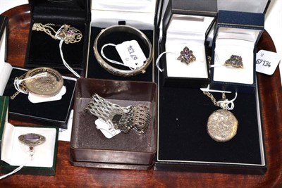 Lot 296 - Assorted silver and white metal jewellery including a locket on chain, bracelet, bangle, rings etc