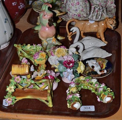 Lot 304 - Two Beswick swans, decorative ceramics, onyx bird bath etc