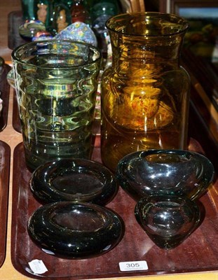 Lot 305 - Four Holmegaard vases/bowls, a Whitefriars vase and an amber coloured glass vase (6)