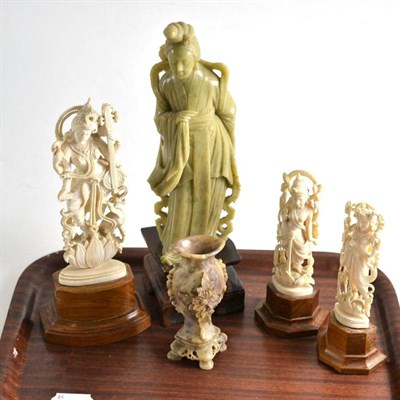 Lot 306 - Three carved ivory figures and soapstone figures