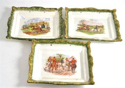 Lot 312 - Three pottery plaques transfer printed with hunting scenes