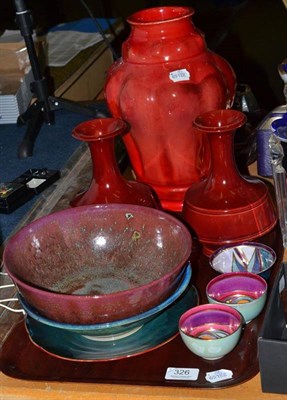 Lot 326 - A Bernard Moore flambe plate, 22.5cm, a large red lustre bulbous Carter Poole vase and other...