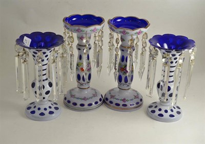 Lot 328 - Two pairs of white overlay glass lustres with drops