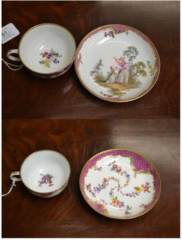 Lot 81 - A Meissen Porcelain Teacup and Saucer, Academic Period, circa 1770, painted with vignettes...