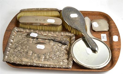 Lot 342 - Silver dressing table items comprising tray, pair of brushes, mirror and matching brush, shoe...