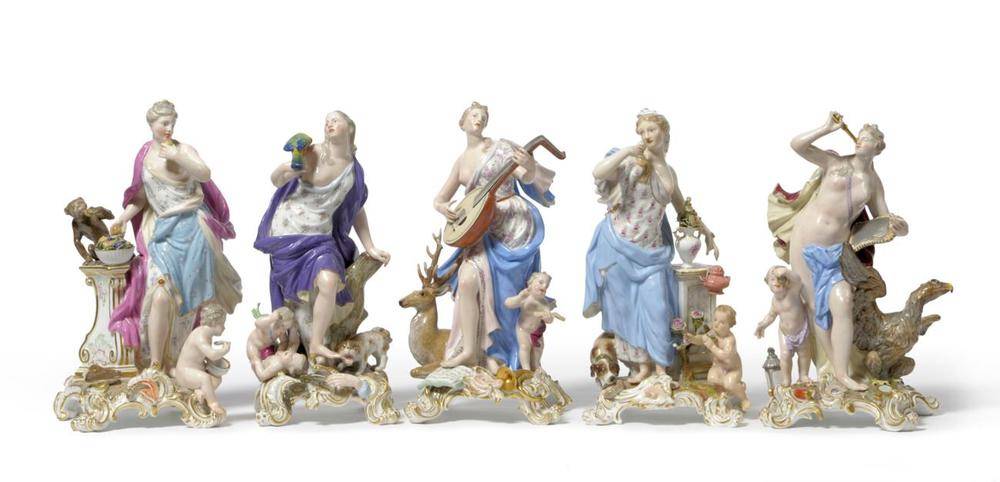 Lot 82 - A Set of Five Meissen Porcelain Figures of Maidens Allegorical of the Senses, 19th century,...