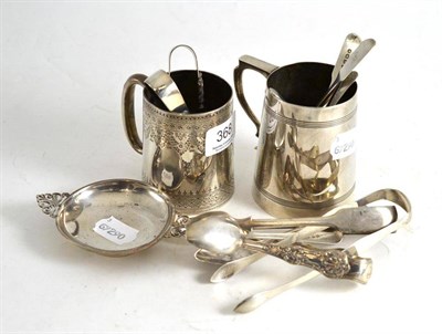 Lot 368 - Two silver Christening mugs, silver wine taster, silver sugar tongs, silver spoons and plated ware