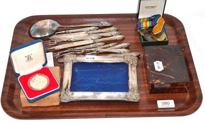 Lot 380 - A silver picture frame, tortoiseshell mounted box, First World War medals, coins, silver...